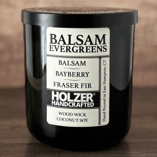 Balsam Evergreens - Balsam + Bayberry + Fraser Fir Scented Wood Wick Candle, Luxury Glass Vessel with Lid