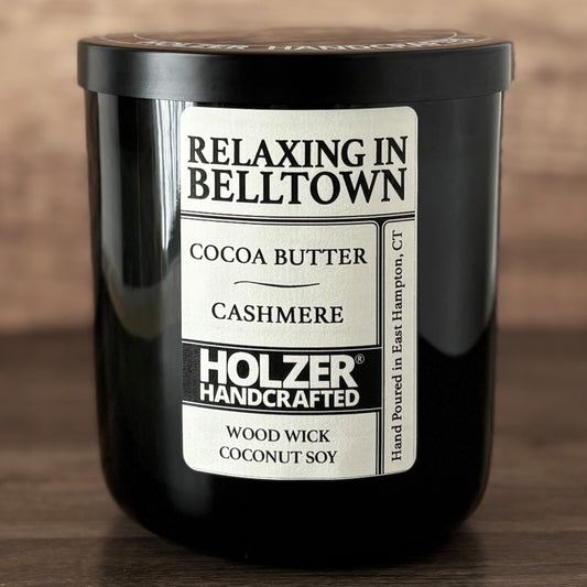 Relaxing in Belltown - Cocoa Butter + Cashmere Scented Wood Wick Candle, Luxury Glass Vessel with Lid