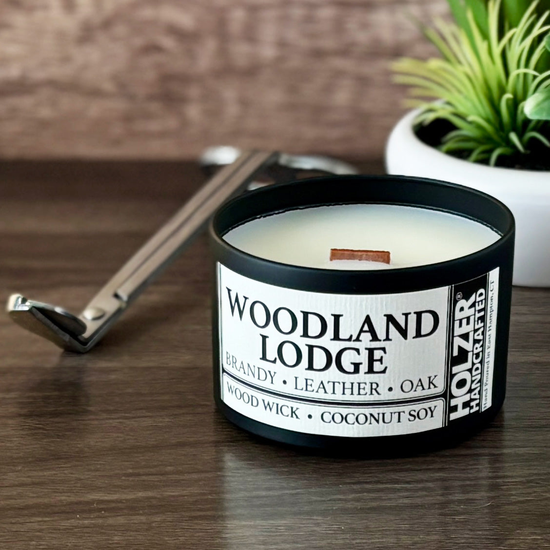Woodland Lodge - Brandy + Leather + Oak Scented Wood Wick Candle, 8oz Tin