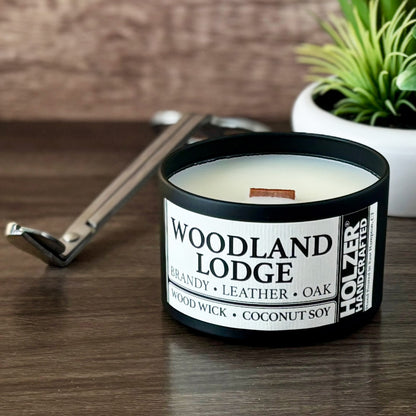 Woodland Lodge - Brandy + Leather + Oak Scented Wood Wick Candle, 8oz Tin
