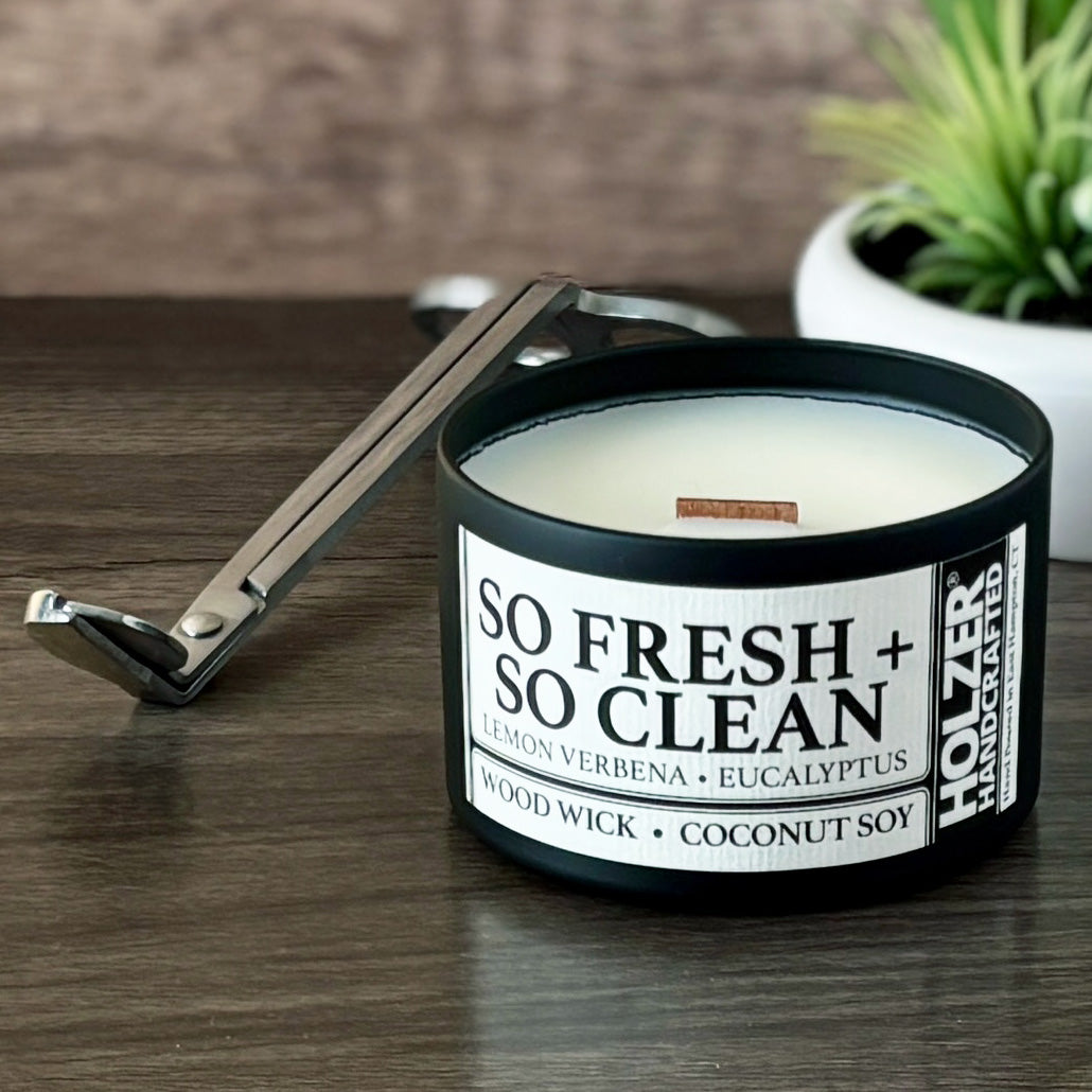 So Fresh + So Clean - Lemon Verbena + Eucalyptus Scented Wood Wick Candle, 8oz Tin