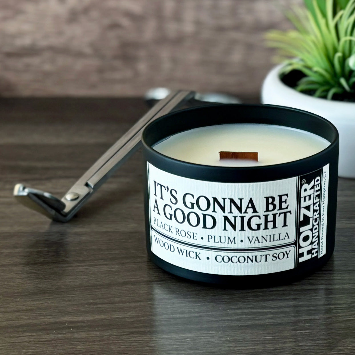 It's Gonna Be A Good Night - Black Rose + Plum + Vanilla Scented Wood Wick Candle, 8oz Tin