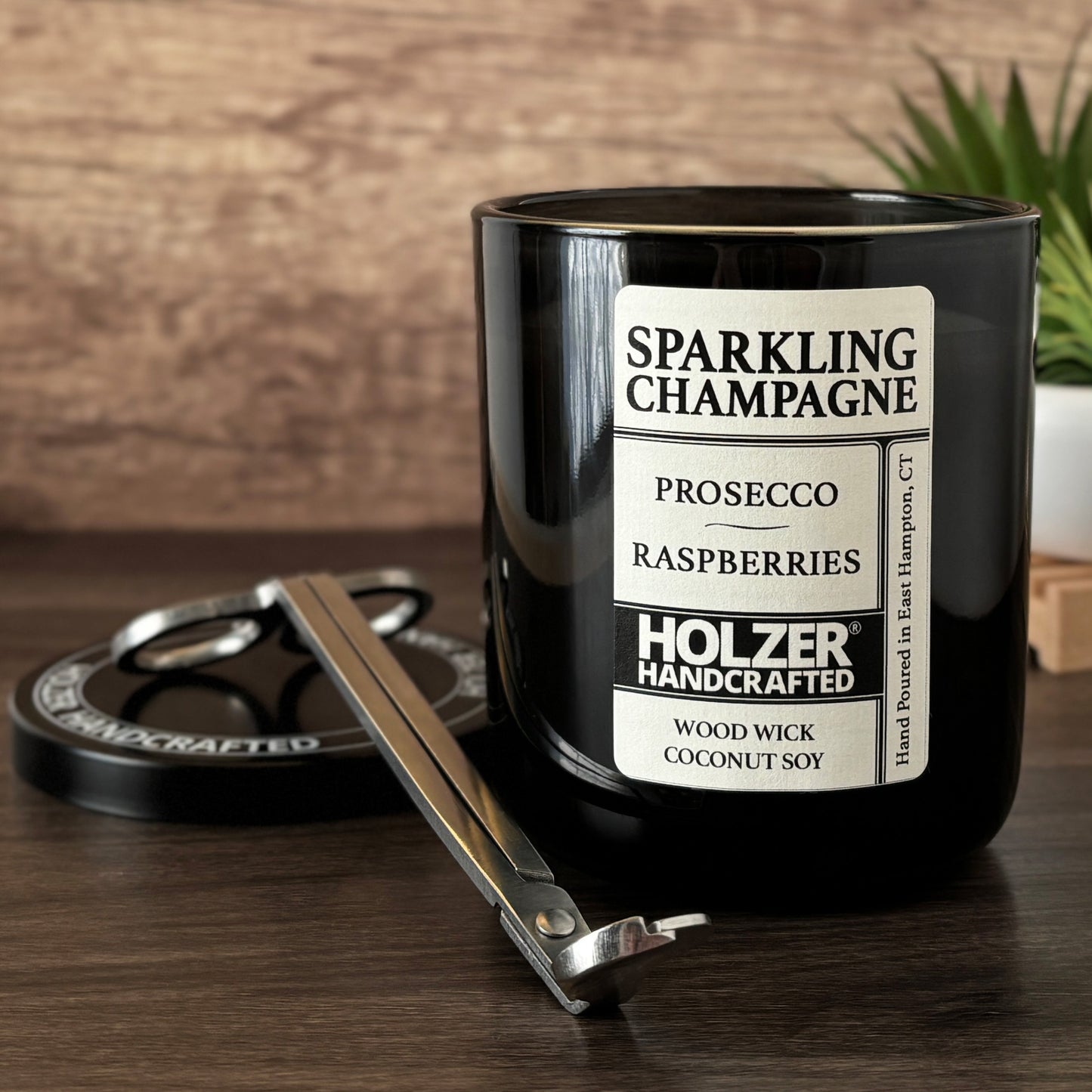 Sparkling Champagne - Prosecco + Raspberries Scented Wood Wick Candle, Luxury Glass Vessel with Lid