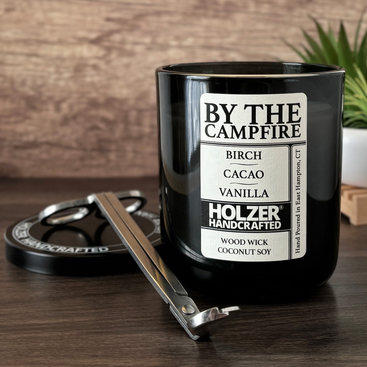 By The Campfire - Birch + Cacao + Vanilla Scented Wood Wick Candle, Luxury Glass Vessel with Lid