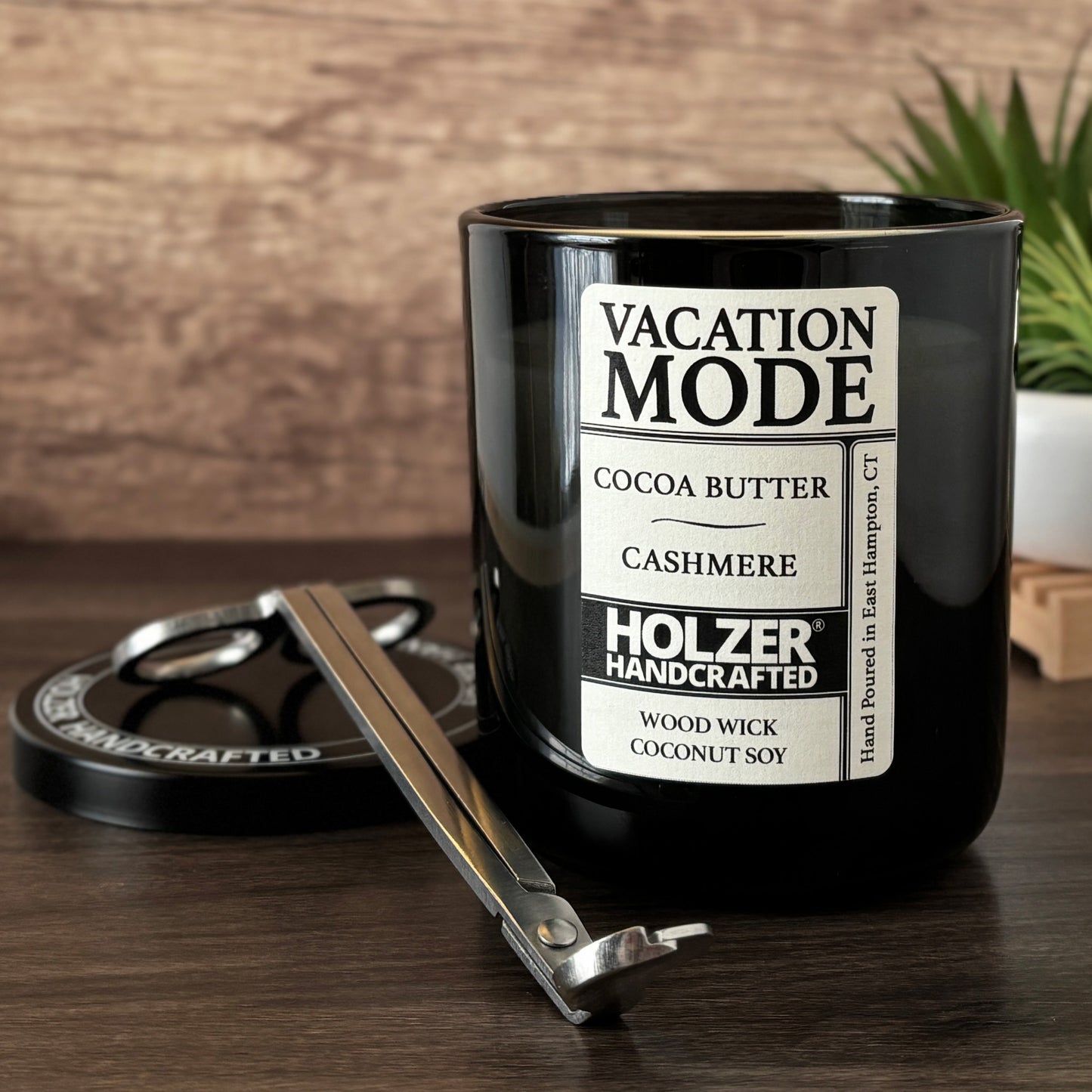 Vacation Mode - Cocoa Butter + Cashmere Scented Wood Wick Candle, Luxury Glass Vessel with Lid