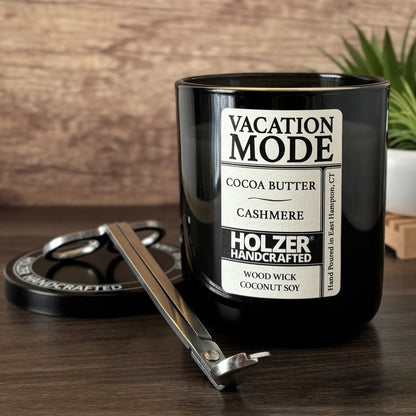 Vacation Mode - Cocoa Butter + Cashmere Scented Wood Wick Candle, Luxury Glass Vessel with Lid