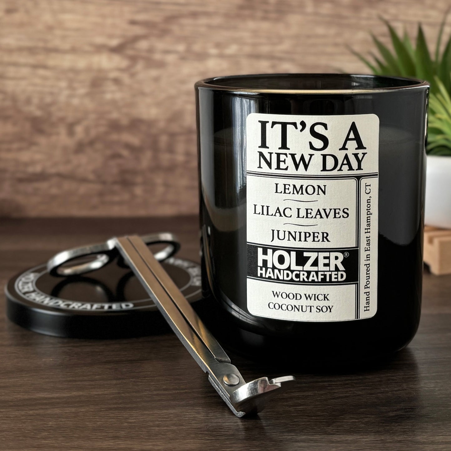 It's A New Day - Lemon + Lilac Leaves + Juniper Scented Wood Wick Candle, Luxury Glass Vessel with Lid