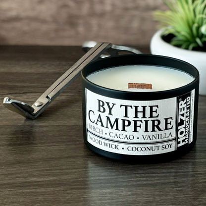 By The Campfire - Birch + Cacao + Vanilla Scented Wood Wick Candle, 8oz Tin