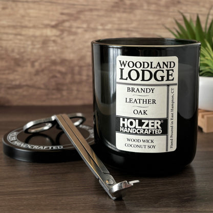 Woodland Lodge - Brandy + Leather + Oak Scented Wood Wick Candle, Luxury Glass Vessel with Lid