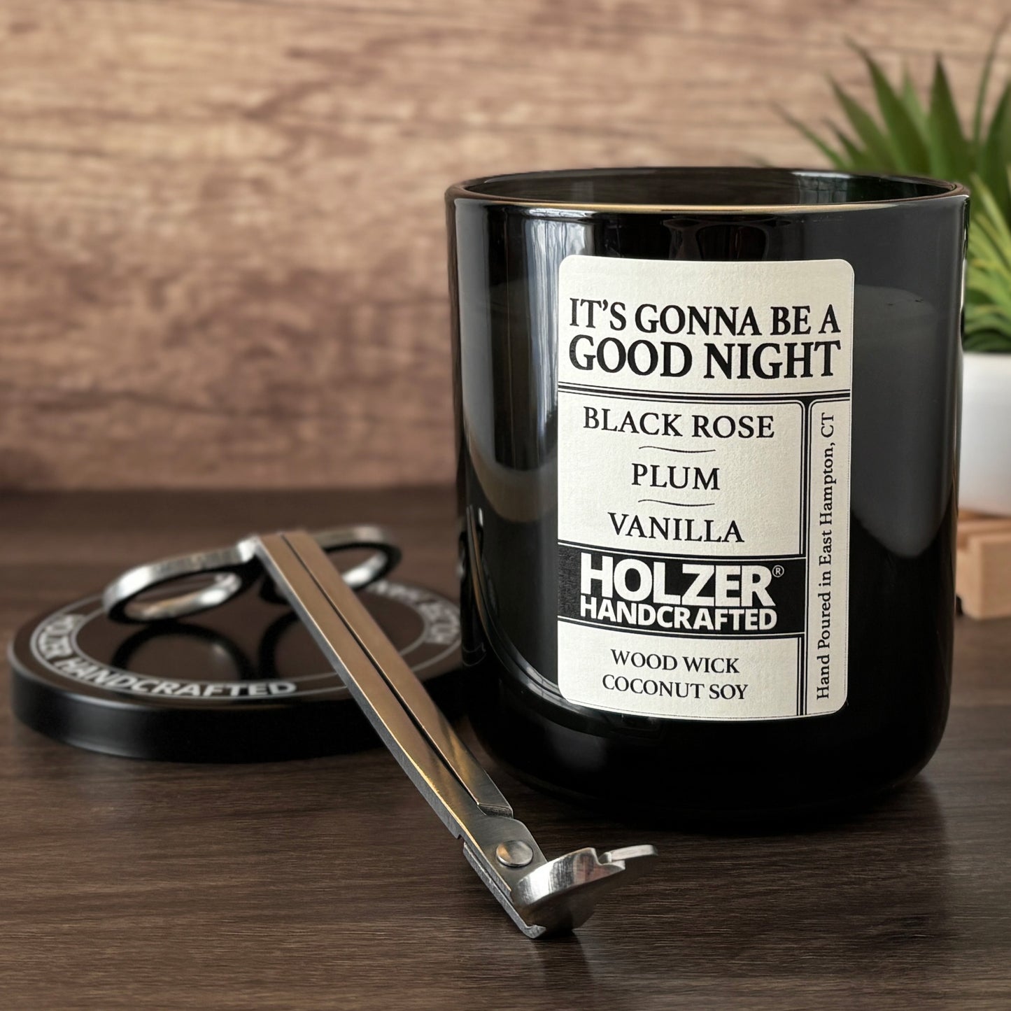 It's Gonna Be A Good Night - Black Rose + Plum + Vanilla Scented Wood Wick Candle, Luxury Glass Vessel with Lid