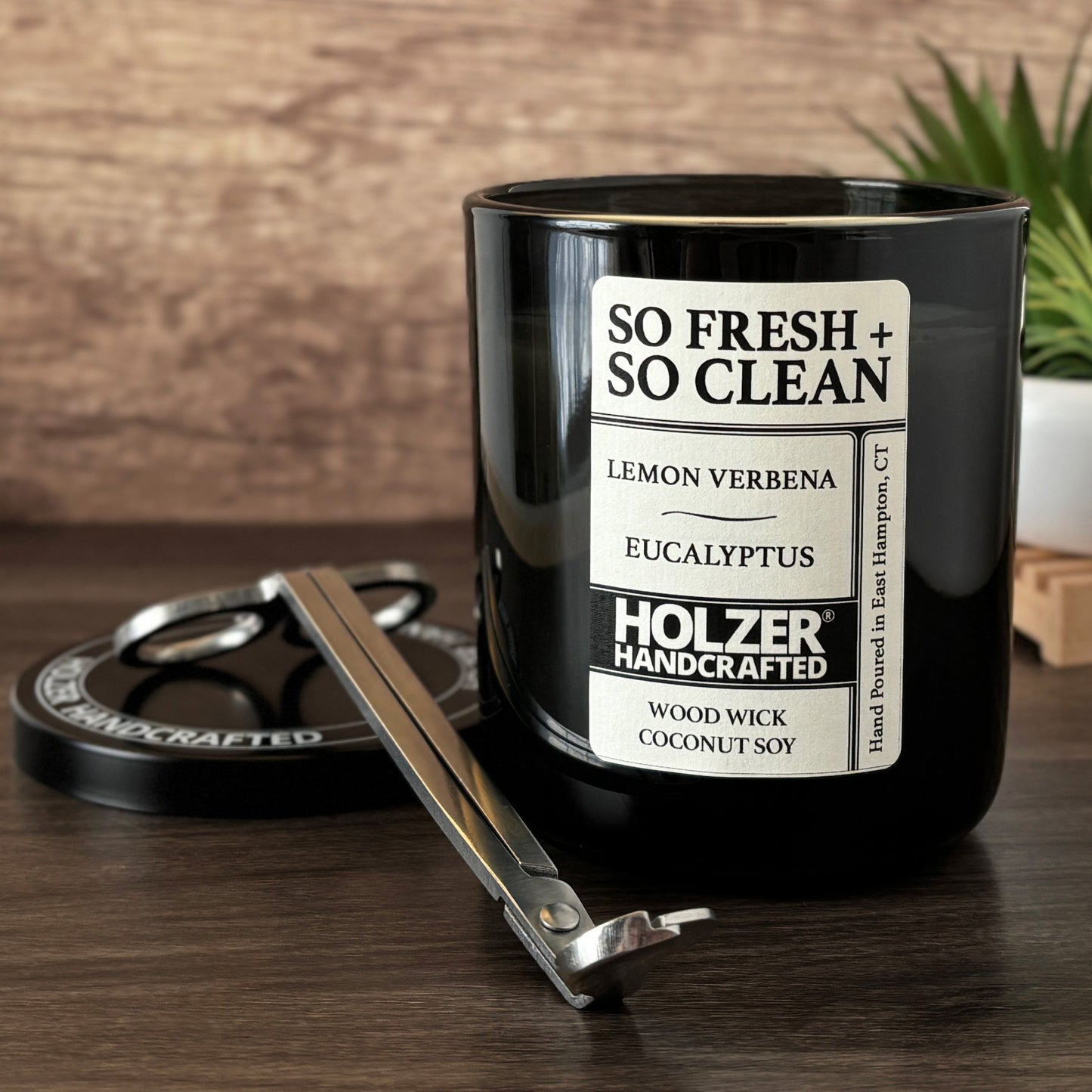 So Fresh + So Clean - Lemon Verbena + Eucalyptus Scented Wood Wick Candle, Luxury Glass Vessel with Lid