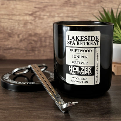 Lakeside Spa Retreat - Driftwood + Juniper + Vetiver Scented Wood Wick Candle, Luxury Glass Vessel with Lid