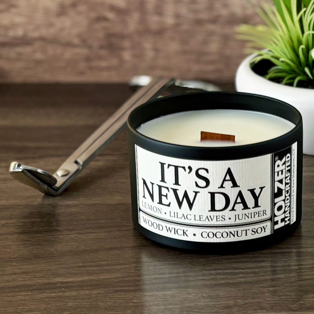 It's A New Day - Lemon + Lilac Leaves + Juniper Scented Wood Wick Candle, 8oz Tin