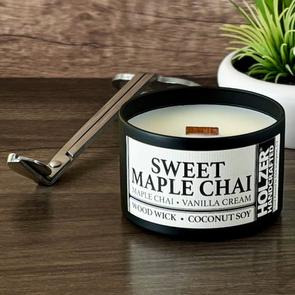 Sweet Maple Chai - Maple Chai + Vanilla Cream Scented Wood Wick Candle, 8oz Tin