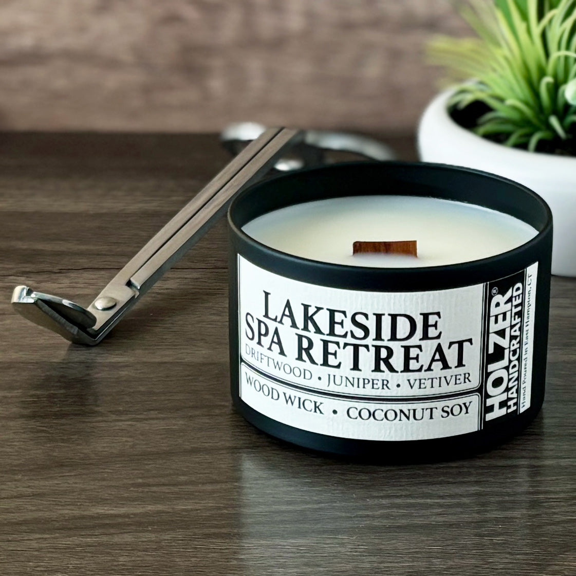Lakeside Spa Retreat - Driftwood + Juniper + Vetiver Scented Wood Wick Candle, 8oz Tin