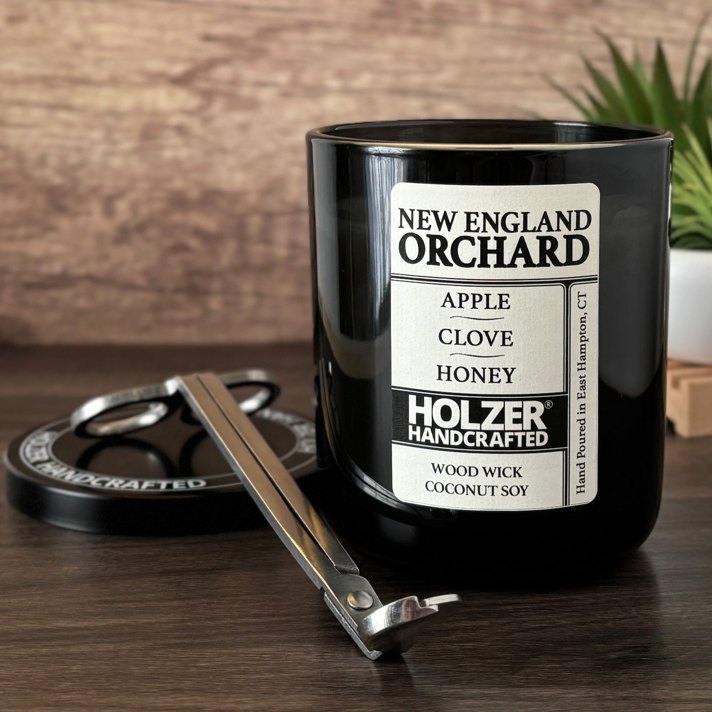 New England Orchard - Apple + Clove + Honey Scented Wood Wick Candle, Luxury Glass Vessel with Lid