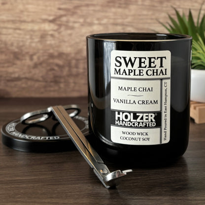 Sweet Maple Chai - Maple Chai + Vanilla Cream Scented Wood Wick Candle, Luxury Glass Vessel with Lid