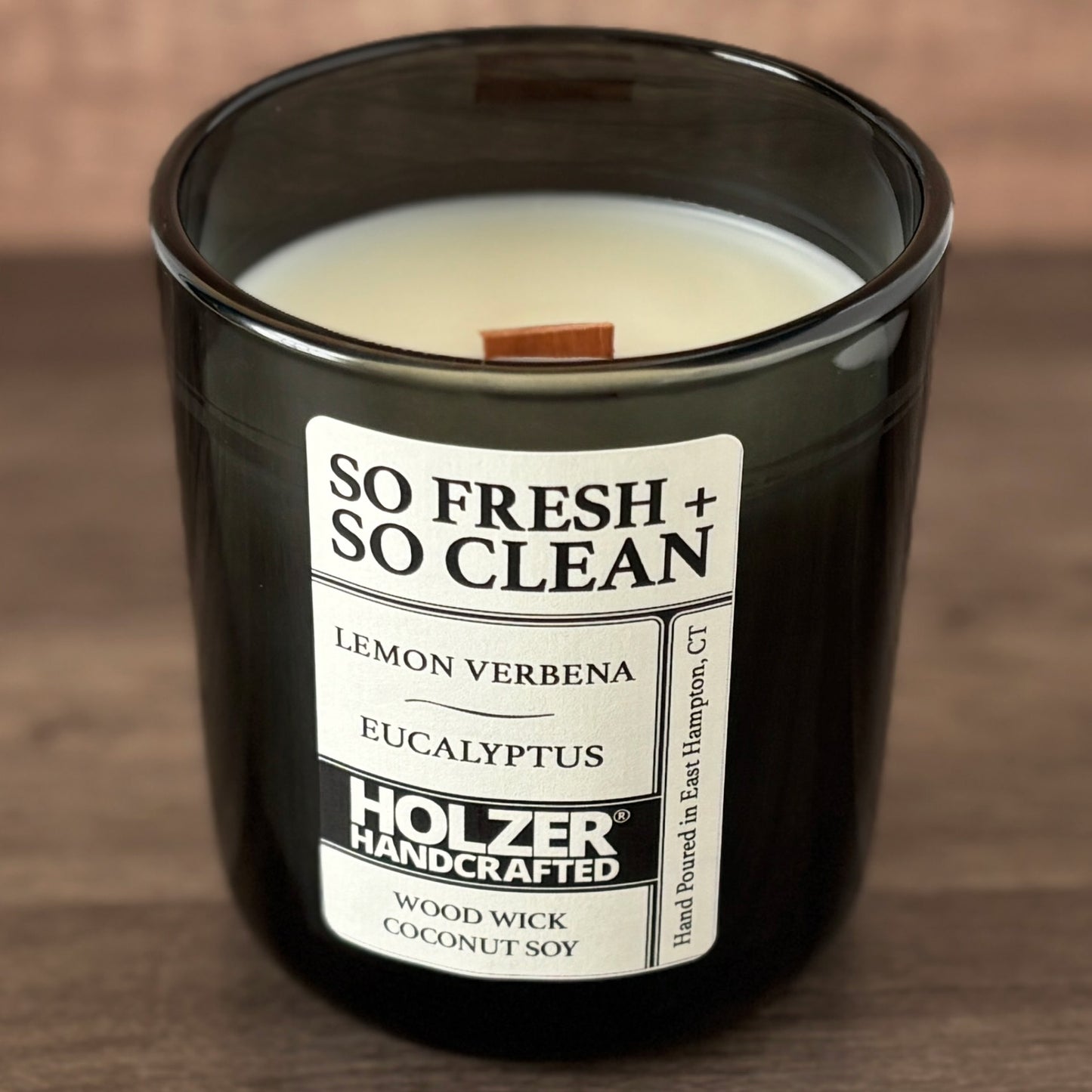 So Fresh + So Clean - Lemon Verbena + Eucalyptus Scented Wood Wick Candle, Luxury Glass Vessel with Lid