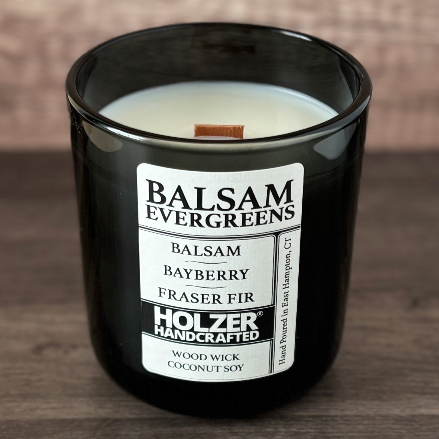 Balsam Evergreens - Balsam + Bayberry + Fraser Fir Scented Wood Wick Candle, Luxury Glass Vessel with Lid