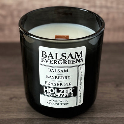 Balsam Evergreens - Balsam + Bayberry + Fraser Fir Scented Wood Wick Candle, Luxury Glass Vessel with Lid