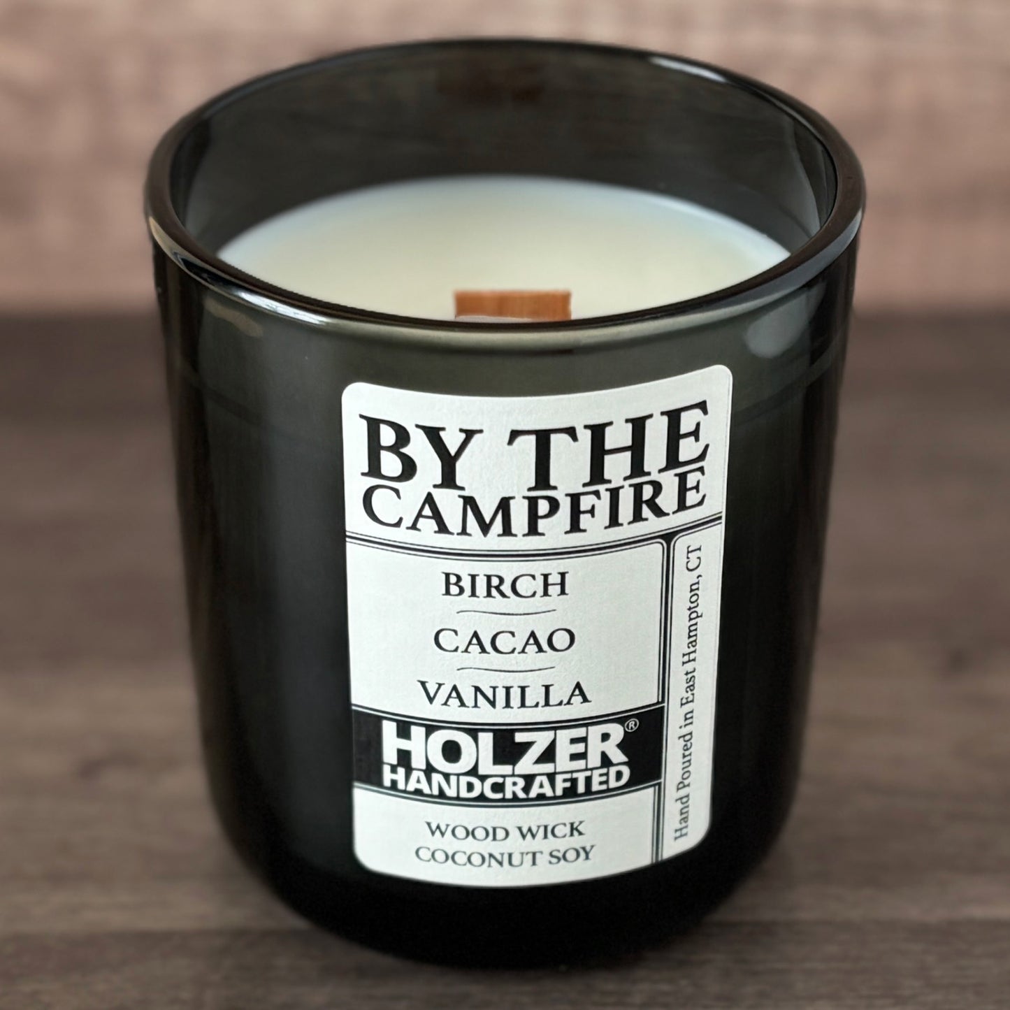 By The Campfire - Birch + Cacao + Vanilla Scented Wood Wick Candle, Luxury Glass Vessel with Lid