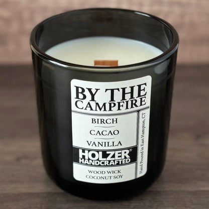 By The Campfire - Birch + Cacao + Vanilla Scented Wood Wick Candle, Luxury Glass Vessel with Lid