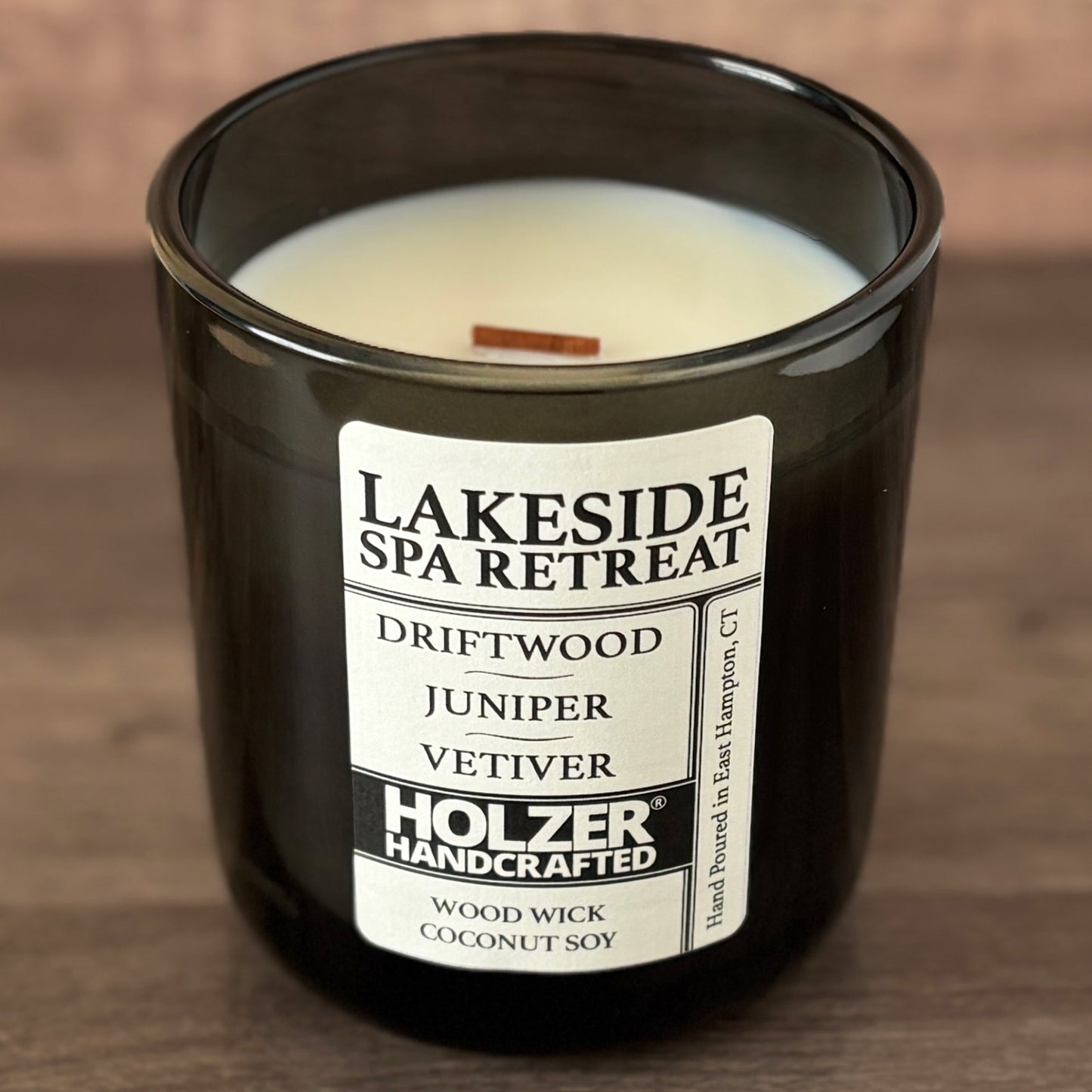 Lakeside Spa Retreat - Driftwood + Juniper + Vetiver Scented Wood Wick Candle, Luxury Glass Vessel with Lid