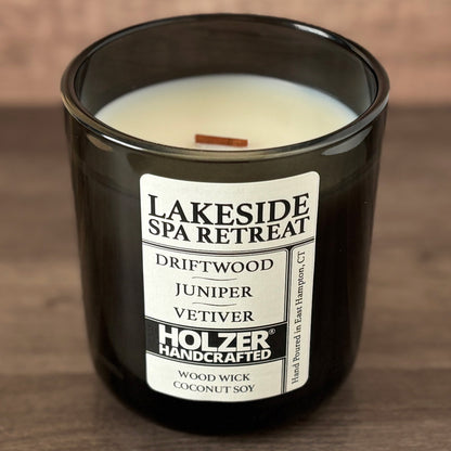 Lakeside Spa Retreat - Driftwood + Juniper + Vetiver Scented Wood Wick Candle, Luxury Glass Vessel with Lid
