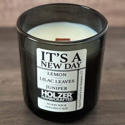 It's A New Day - Lemon + Lilac Leaves + Juniper Scented Wood Wick Candle, Luxury Glass Vessel with Lid