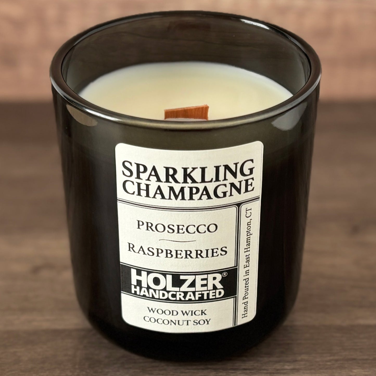 Sparkling Champagne - Prosecco + Raspberries Scented Wood Wick Candle, Luxury Glass Vessel with Lid