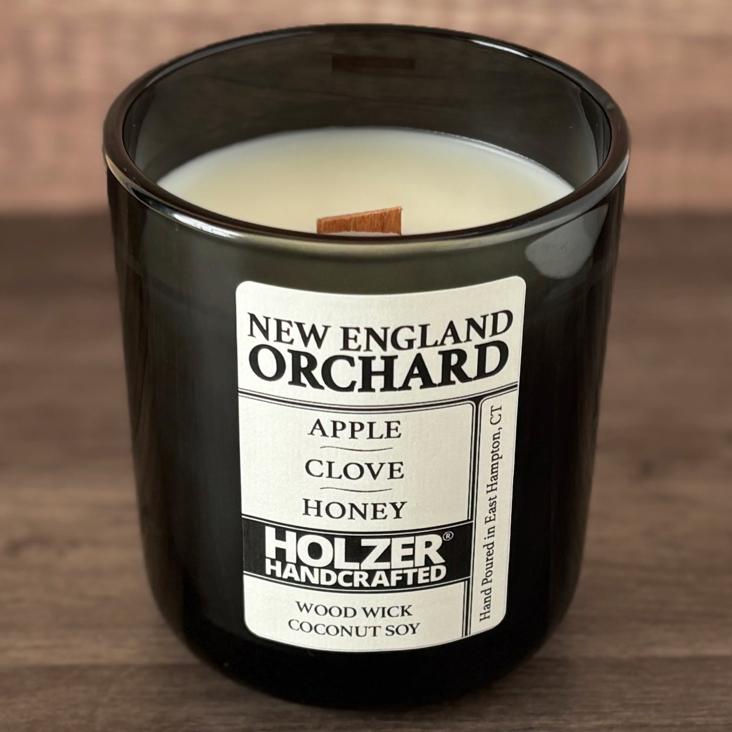 New England Orchard - Apple + Clove + Honey Scented Wood Wick Candle, Luxury Glass Vessel with Lid