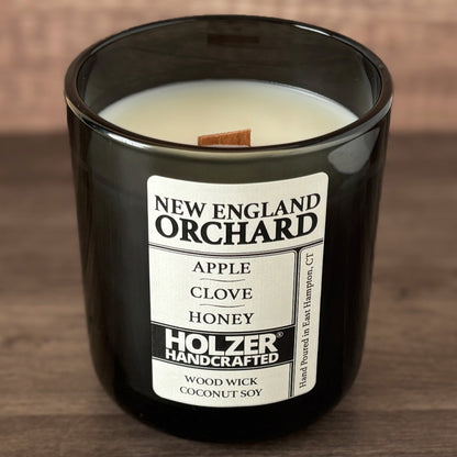 New England Orchard - Apple + Clove + Honey Scented Wood Wick Candle, Luxury Glass Vessel with Lid
