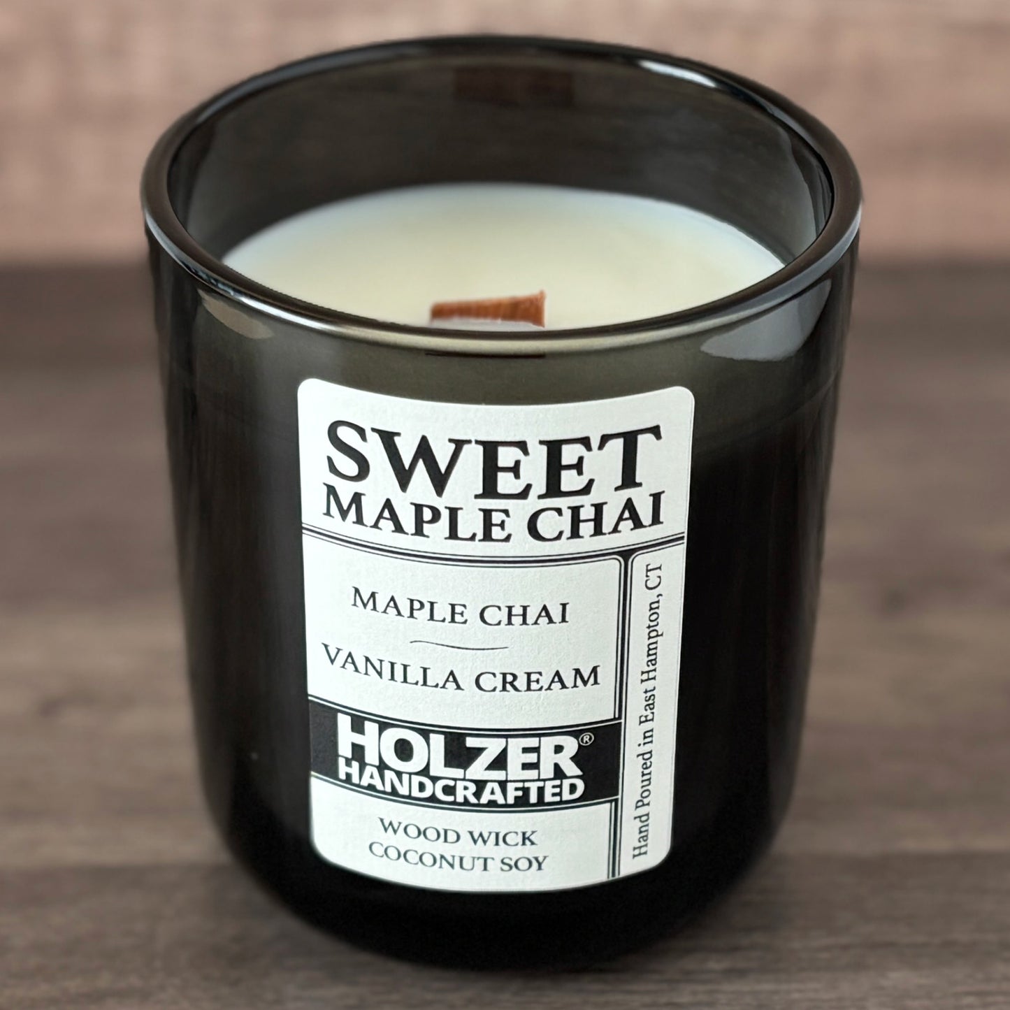 Sweet Maple Chai - Maple Chai + Vanilla Cream Scented Wood Wick Candle, Luxury Glass Vessel with Lid
