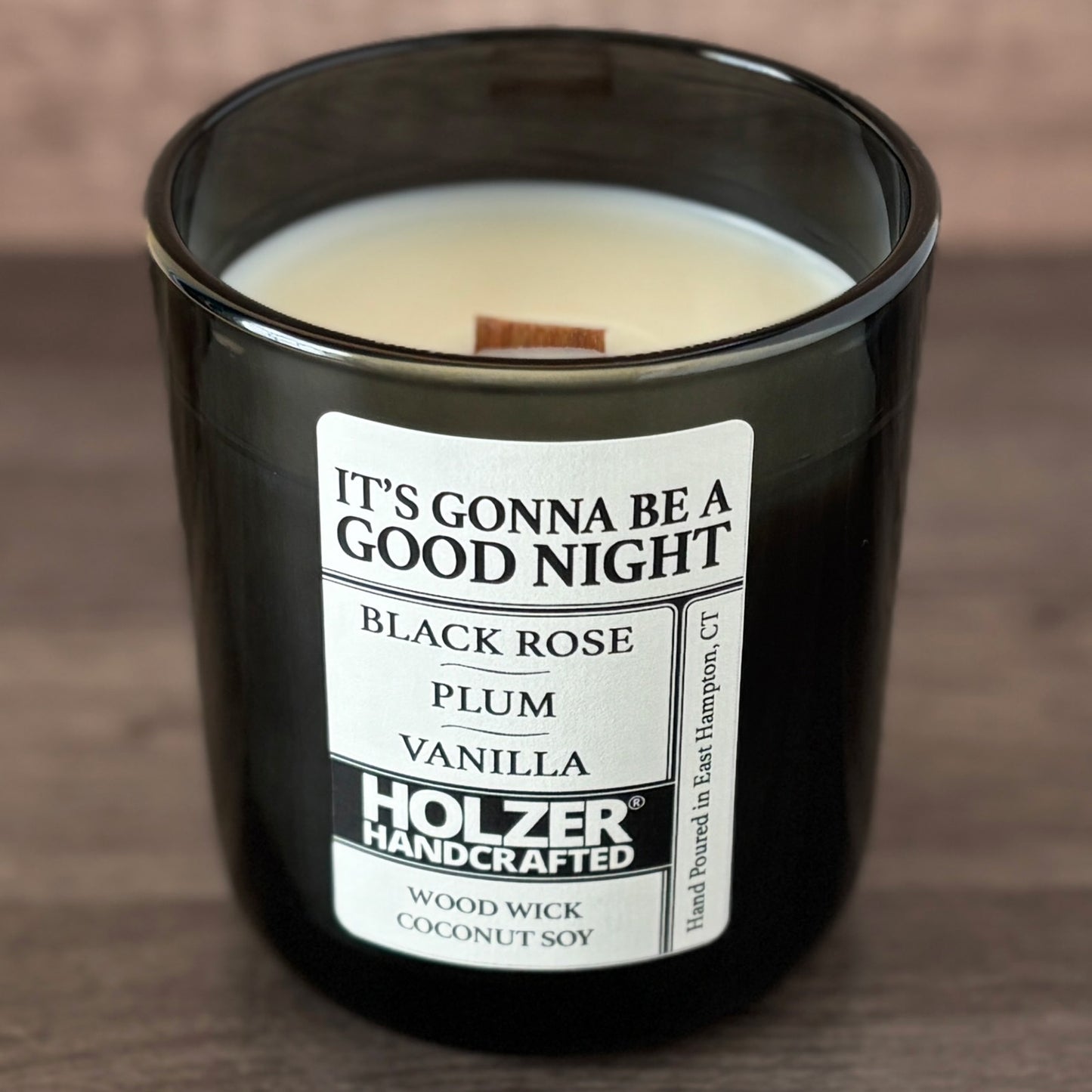 It's Gonna Be A Good Night - Black Rose + Plum + Vanilla Scented Wood Wick Candle, Luxury Glass Vessel with Lid