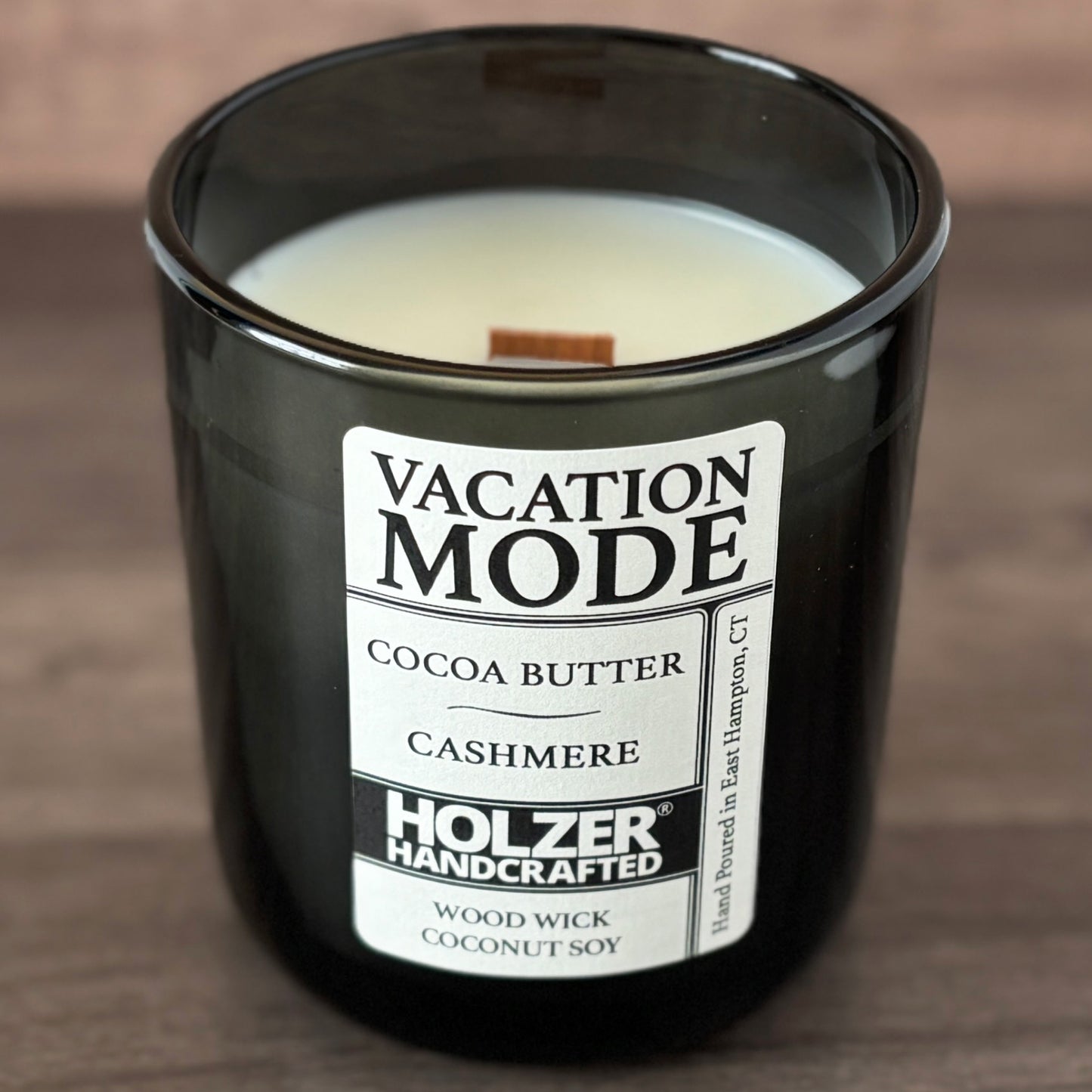 Vacation Mode - Cocoa Butter + Cashmere Scented Wood Wick Candle, Luxury Glass Vessel with Lid