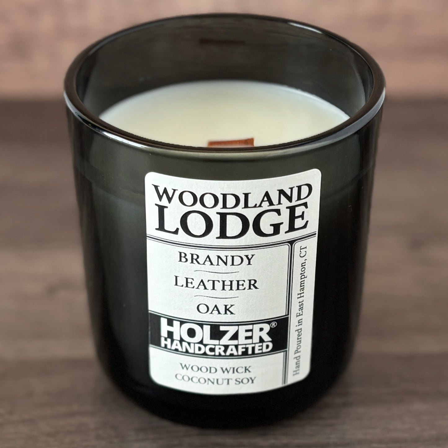 Woodland Lodge - Brandy + Leather + Oak Scented Wood Wick Candle, Luxury Glass Vessel with Lid