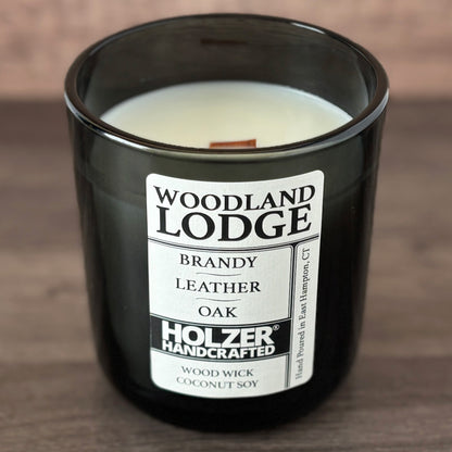 Woodland Lodge - Brandy + Leather + Oak Scented Wood Wick Candle, Luxury Glass Vessel with Lid